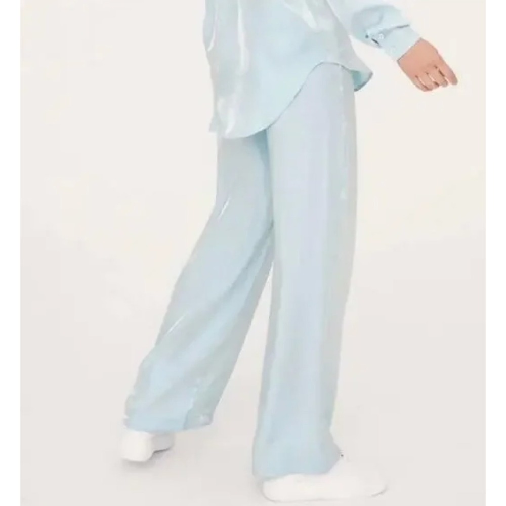 Nasty Gal Wide Leg Pants Womens Size 6 Light Blue Metallic Shimmer High Waist - Picture 2 of 10